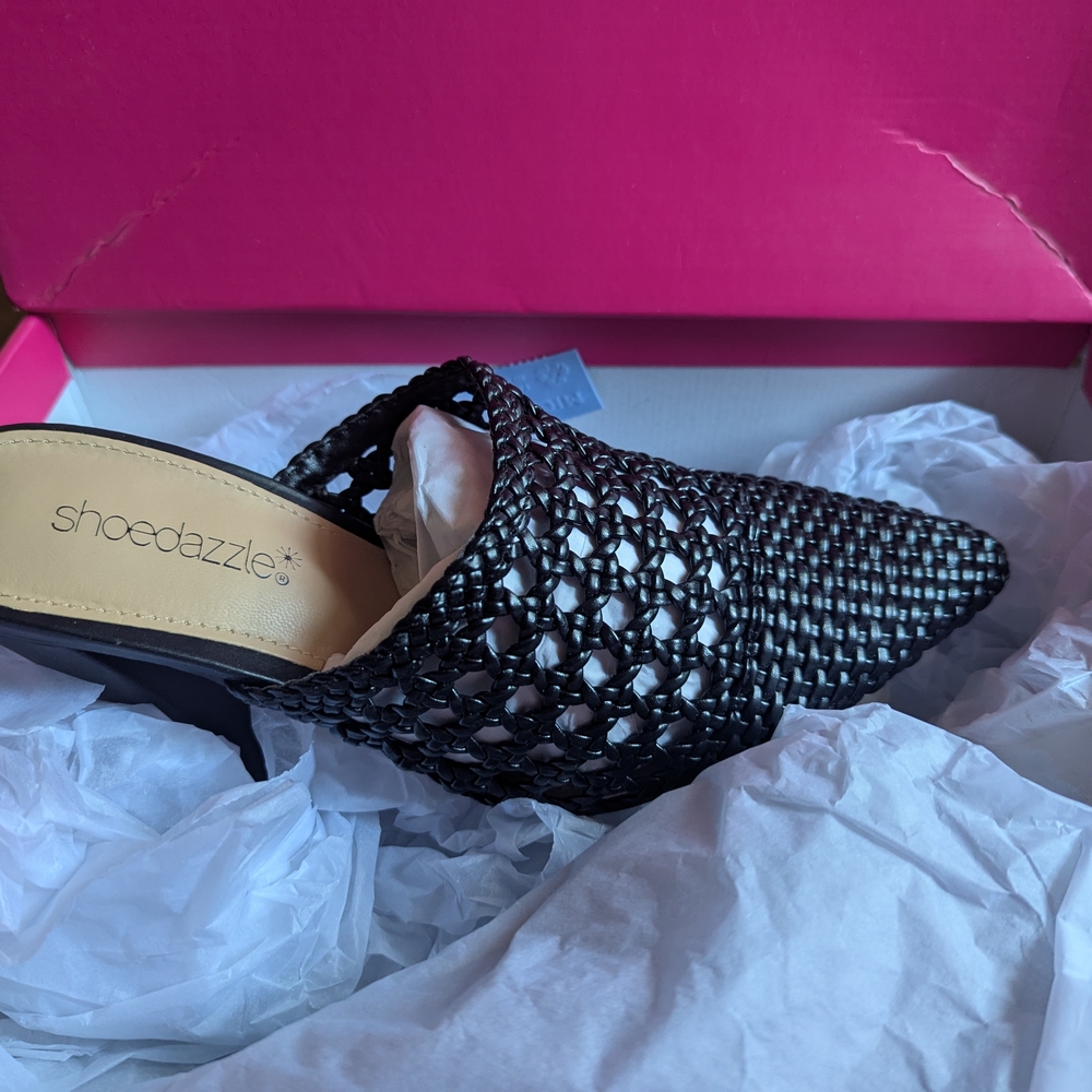 Shoe Dazzle Black Woven Mules with Stud Accents